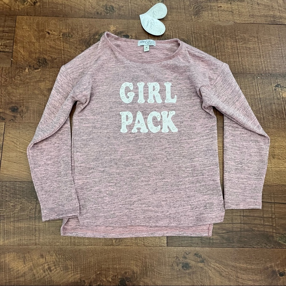 NWT girls youth sweater blush pink faux pearls “girl pack” Sz Medium lightweight